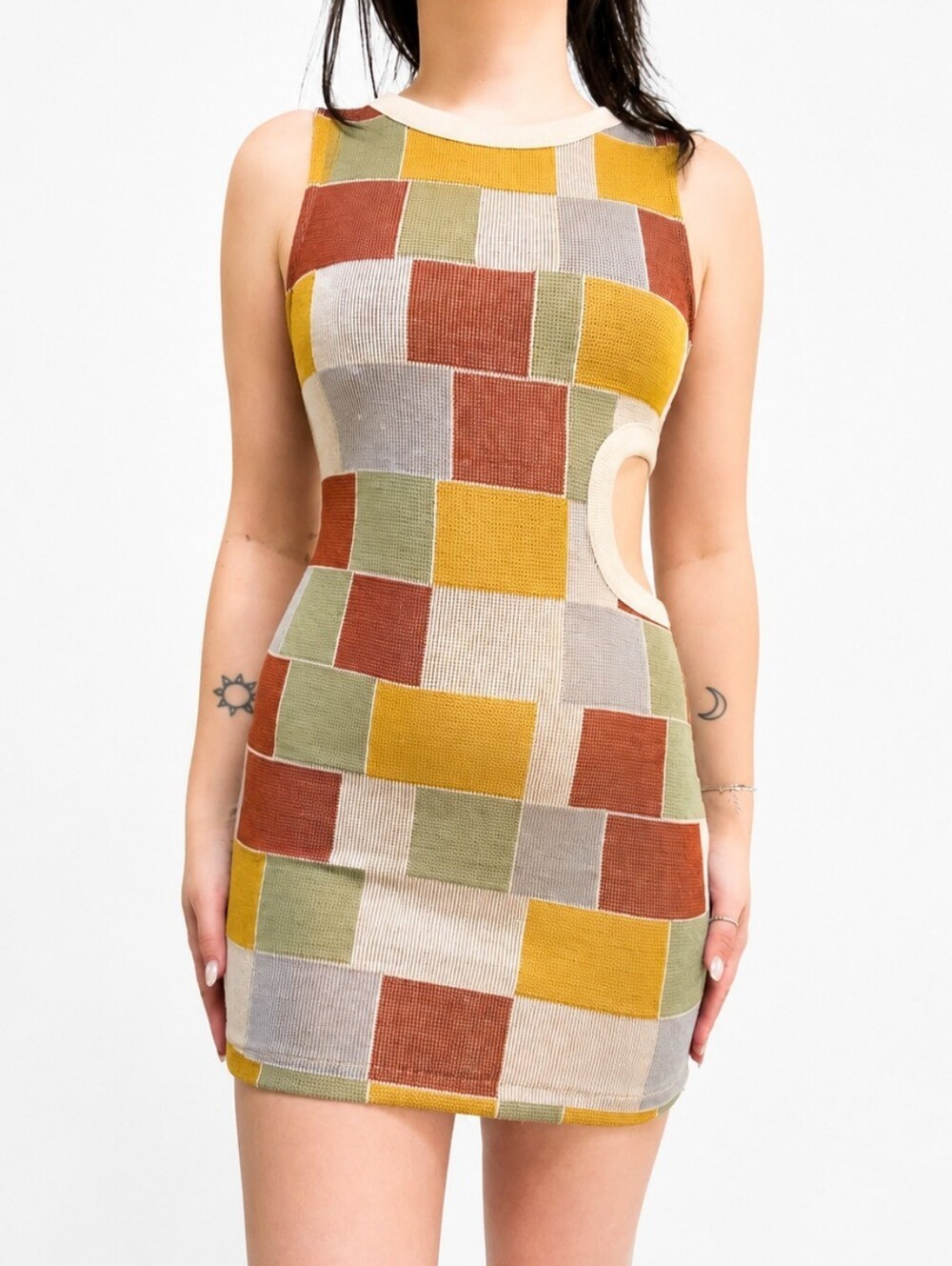 ZARA Size Small Square Print Side Cut Out Bodycon Mini Dress